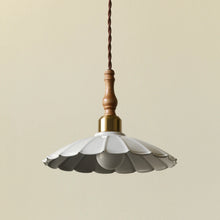 Load image into Gallery viewer, Pauline Scalloped Brass and Turned Wood Vintage Pendant
