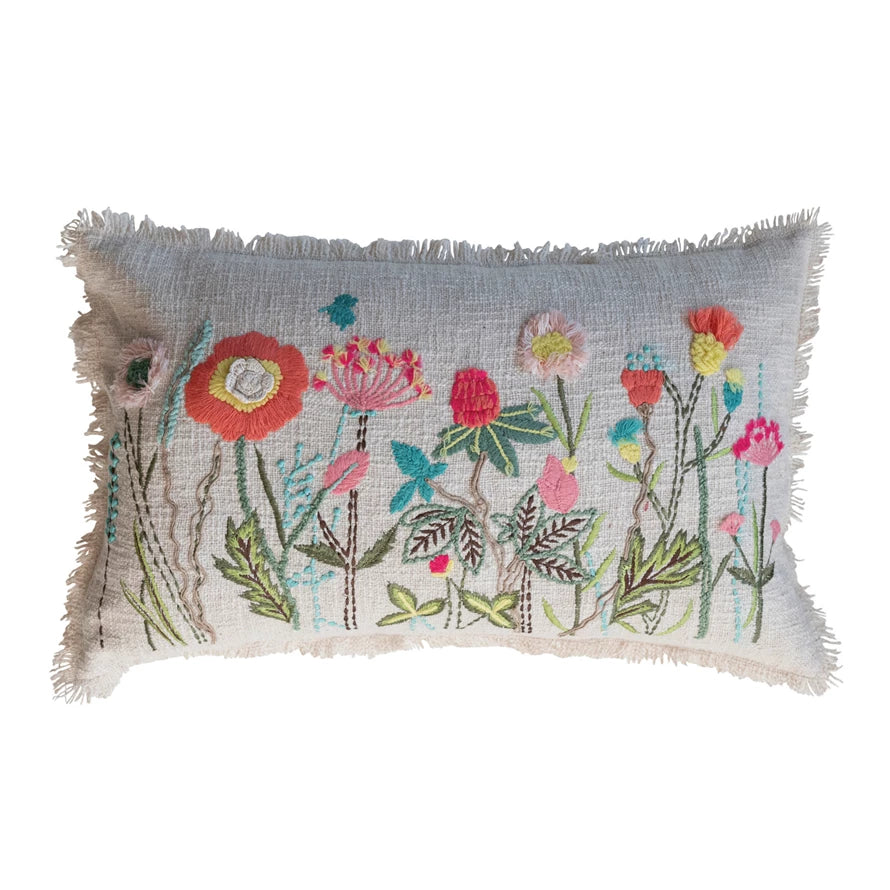 Cotton Slub Lumbar Pillow with Embroidered Flower Design Cushion