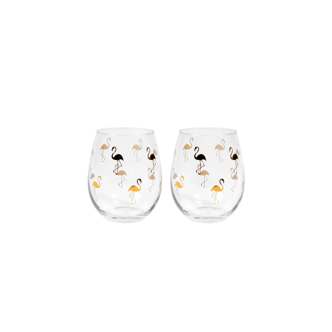 Flamingo Repeat Stemless Wine Glass Set of 2 Gold