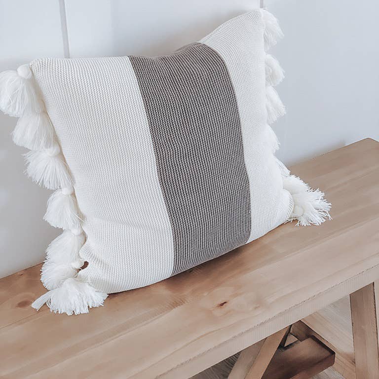 Gray and White Tassel Pillow