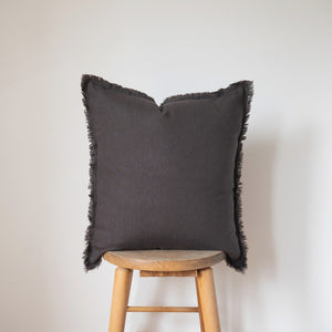 Square Fringed Linen Pillow Cover - Charcoal